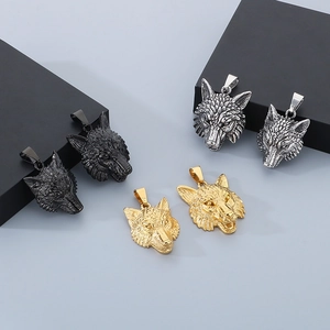 Men's punk Viking wolf head stainless steel pendants in black, gold, and silver tones