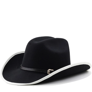 Western Cowboy Hat Wool Felt Wide Brim With White Contrast Edging Leather Band Metal Buckle Retro Style For Men Women