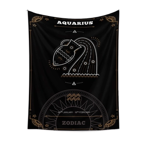 Detail view of Aquarius zodiac tapestry with golden celestial symbols on black fabric