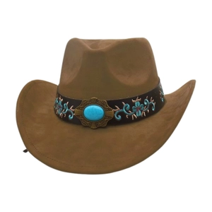 Brown western cowboy hat with turquoise stone and ethnic floral embroidery on a wide brim