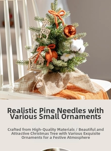 Close-up of mini desktop Christmas tree with burlap base and orange baubles