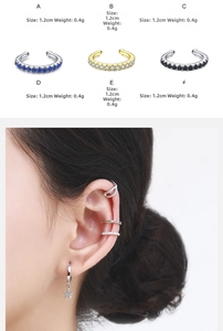 Detail of S925 silver ear cuff showing 1.2cm size and 0.4g weight on model