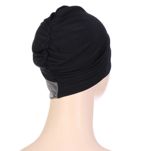 Black elastic turban hat with silver glitter trim and pleated back view for women
