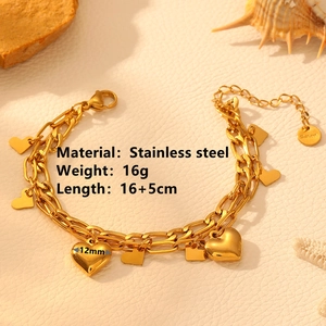 Dual-layer 18k gold plated stainless steel bracelet with heart charms and Ssteel stamp