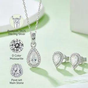 Pear-shaped halo jewelry set in S925 sterling silver with D-color moissanite stones