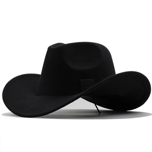 Classic black felt cowboy hat with curved brim and tonal decorative band on white background