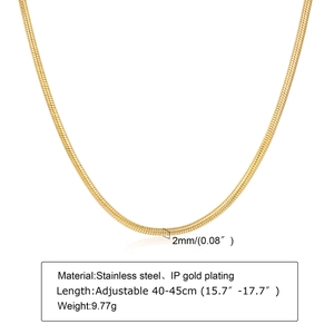 Detail showing 2mm gold stainless steel snake chain with technical specifications