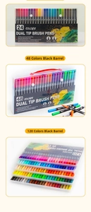 Vertical layout showing dual-tip watercolor brush pens in 24, 48, and 120 color sets