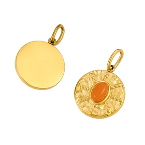 Detailed view of gold round pendants featuring hammered texture and orange agate gemstone