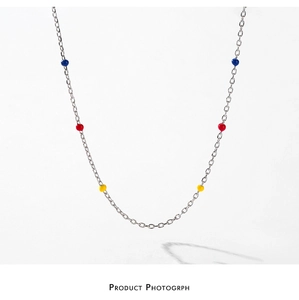 S925 sterling silver necklace featuring colorful enamel beads on a thin O-shaped chain