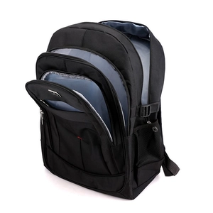 Detail view of large capacity travel backpack with triple zipper layers and side mesh pocket