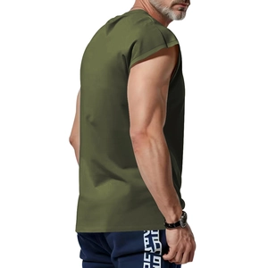 Side view of men's army green sleeveless t-shirt showing cotton blend fabric and seam detail