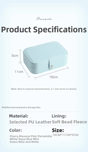 Detailed dimensions of blue portable travel jewelry box in 16x11x5cm with PU leather