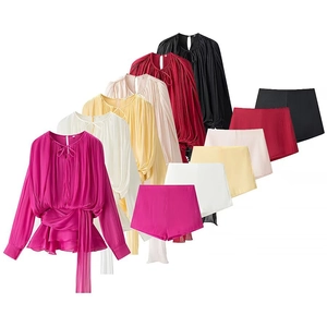 Elegant satin puff sleeve shirt and ruffled shorts set available in multiple colors