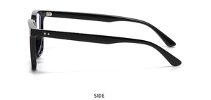 Side view detail of black square frame sunglasses with polished finish and metal rivets