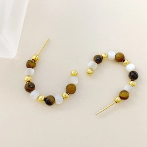 S925 silver C-shape earrings featuring tiger eye stones and golden metal beads