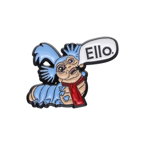 Labyrinth caterpillar enamel pin with Ello speech bubble and blue cartoon body