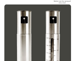 Detail view of dual scale 90ml measurements on stainless steel oil sprayer bottles