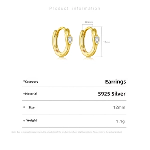 Detailed size specifications for 12mm S925 sterling silver hoop earrings with zircon