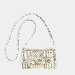 Detailed view of silver woven chain purse with handmade pearls and metallic sequins