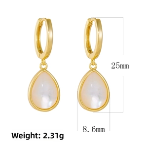 Detailed size view of gold water-drop earrings with white mother-of-pearl inlay