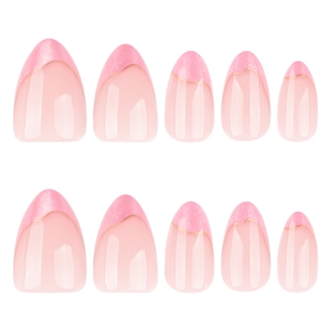 Pink almond press-on nails with sparkling glitter French tips and gold line detail