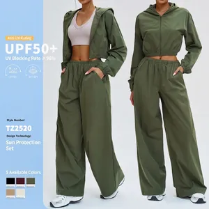 Women Sun Protection Sports Top And Bottom Hooded Cropped Jacket And Wide Leg Pants UPF50 Plus Quick Dry Outdoor Hiking Hiking Cycling Set