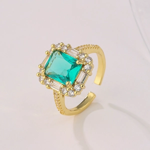 Luxury Retro Square Emerald Cubic Zirconia Open Adjustable Ring Copper 18K Gold Plated Jewelry For Women Gift