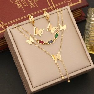 Butterfly Necklace Bracelet Earrings Stainless Steel Colorful Cubic Zirconia Double Layer Elegant Fashion Jewelry Women