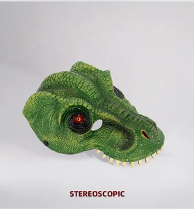 Detailed view of stereoscopic green 3D dinosaur mask with realistic scales and red eyes