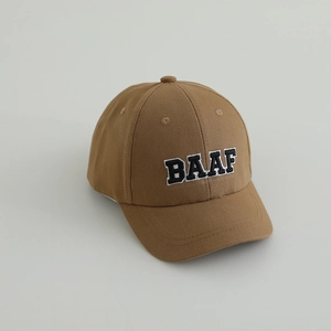 Detailed embroidery of BAAF letters on brown cotton twill kids baseball cap