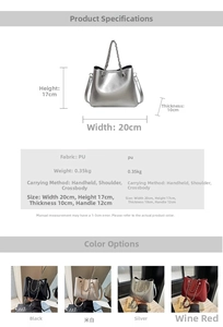Close-up detail of silver PU bucket bag with metal chain handle and size dimensions