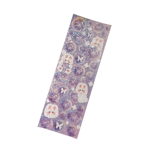 Sparkly Korean laser stickers featuring cute white rabbits and bubbles on white background