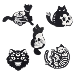 Set of 5 gothic black cat enamel pins with skull and moon motifs in dark style