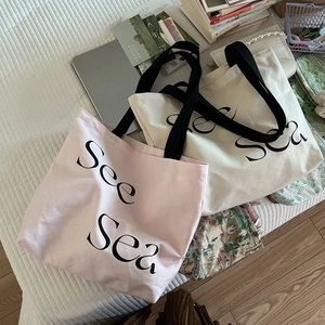Aesthetic Canvas Tote Bag Letter Print Large Capacity Casual Shoulder Handbag Minimalist Travel Shopper For Women