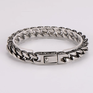 Bracelet gourmette rétro pour homme en acier inoxydable avec gravures florales vintage