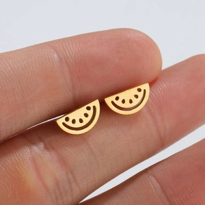 Fashionable gold watermelon slice stud earrings with hollow design and metallic luster