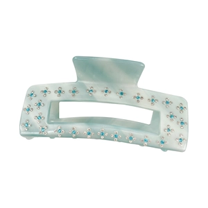 Elegant sky blue acetate hair claw clip with floral rhinestones on white background