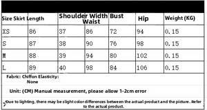 Detailed sizing guide chart for short slim-fit dress showing XS to L measurements in cm