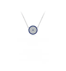 Detail view of S925 sterling silver evil eye pendant with blue and white stones