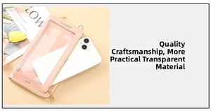 Detailed view of the clear touchscreen window on a pink PU leather mini crossbody bag
