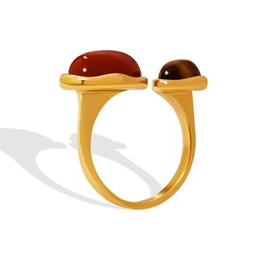 Gold plated open ring featuring red stone and tiger eye stone in a vintage unisex style