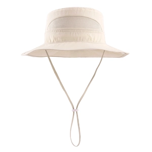 Detail of beige sun hat featuring breathable mesh panels and adjustable windproof drawstring