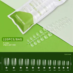 Detailed size chart for soft gel coffin nail tips with measurements in millimeters