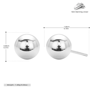 Detailed view of 925 sterling silver ball stud earrings showing size and weight specs