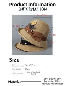 Detailed size chart for straw sun hat with measurements and UPF 50+ material specs