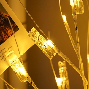 Warm LED photo clip lights for Christmas cards and wedding table decor on white wire