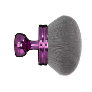 Close-up of the dense grey bristles and purple electroplated handle of the powder brush