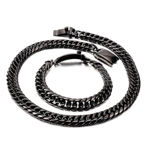 Black stainless steel Cuban link chain necklace and bracelet set for men on white background