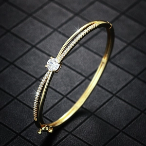 Elegant Women Copper Bangle Round Zirconia Inlaid Geometric Cross Design Bracelet Gold White Gold Plated Fashion Jewelry